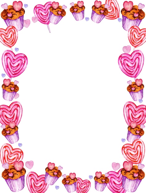 Foto borde con corazón de caramelo de muffin para el tema del día de san valentín mano de acuarela dibujar rosa y lila aislado