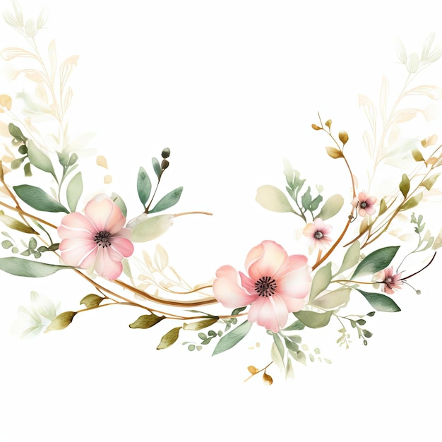 borde floral de acuarela dibujado a mano con ramas y flores en el estilo de rosa claro y verde
