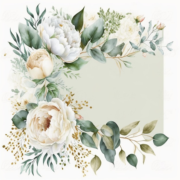 Un borde floral blanco y verde con peonías y hojas.