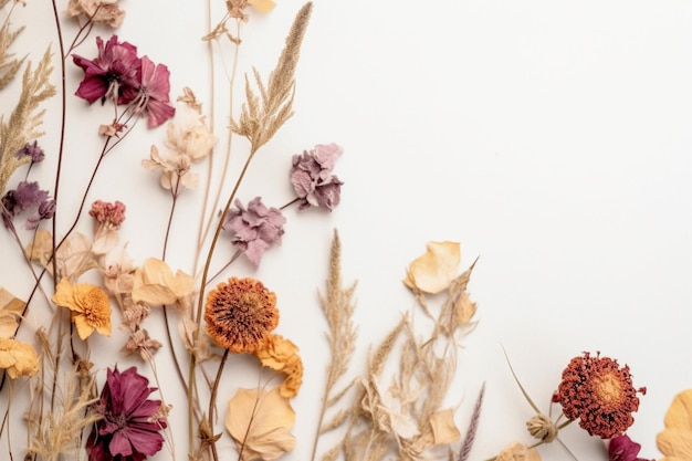 Foto un borde floral con flores secas en un fondo blanco