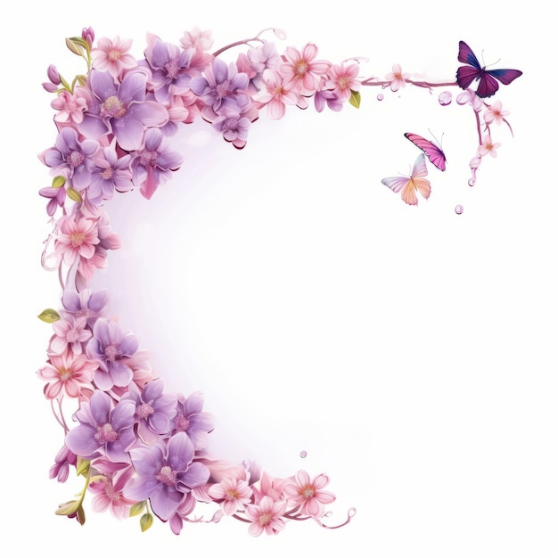 un borde de flores con flores púrpuras y mariposas sobre un fondo blanco