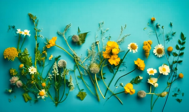 Un borde con flores silvestres sobre un fondo azul claro