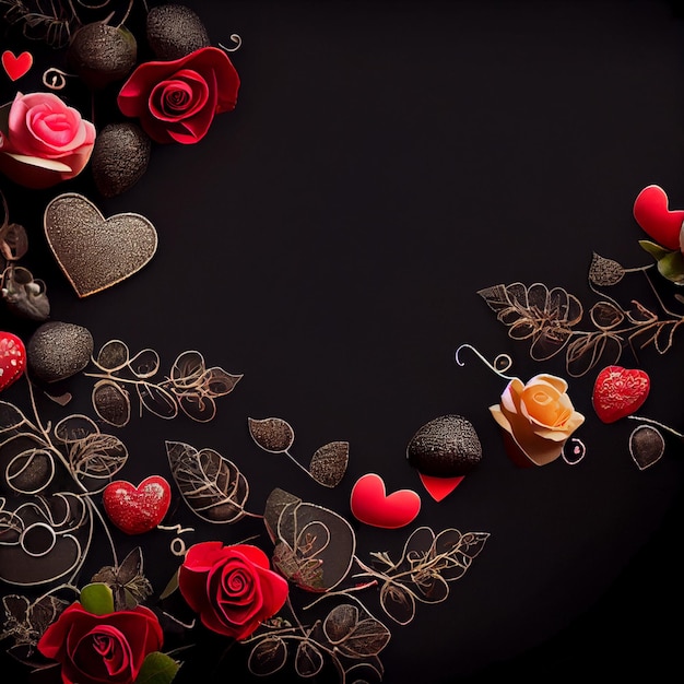 Borde lateral de flores de corazón y rosas para el día de San Valentín