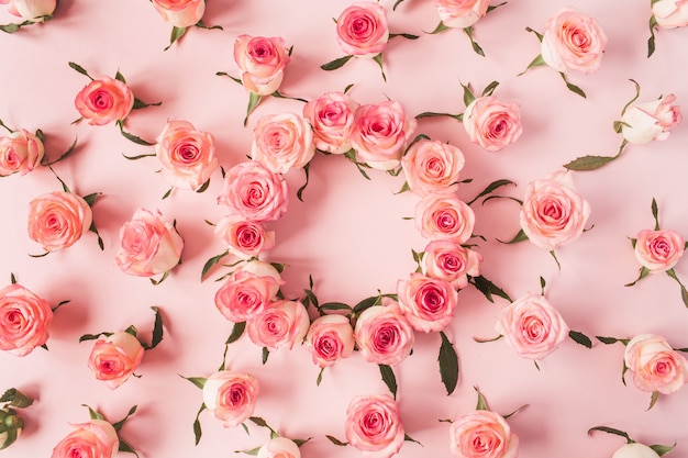 Borde de marco plano laico con maqueta de espacio de copia en blanco hecha de capullos de rosa rosa en rosa