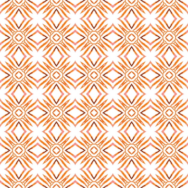 Borde de mosaico repetitivo ikat acuarela. Impresionante diseño de verano boho chic naranja. Impresión cautivadora lista para textiles, tela para trajes de baño, papel tapiz, envoltura. Ikat repite el diseño de trajes de baño.