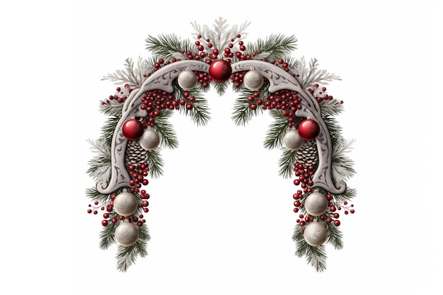 Borde de Navidad en forma de arco ancho aislado en blanco compuesto de ramas de abeto frescas y adornos