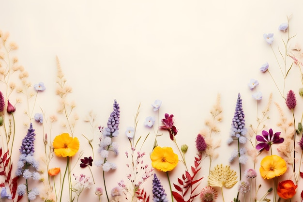 borde de patrón de flores silvestres sobre fondo pastel plano con espacio de copia