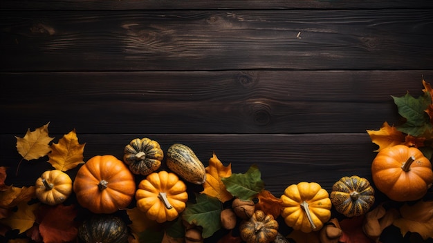 Un borde de pequeñas calabazas con hojas sobre un fondo de madera oscura.