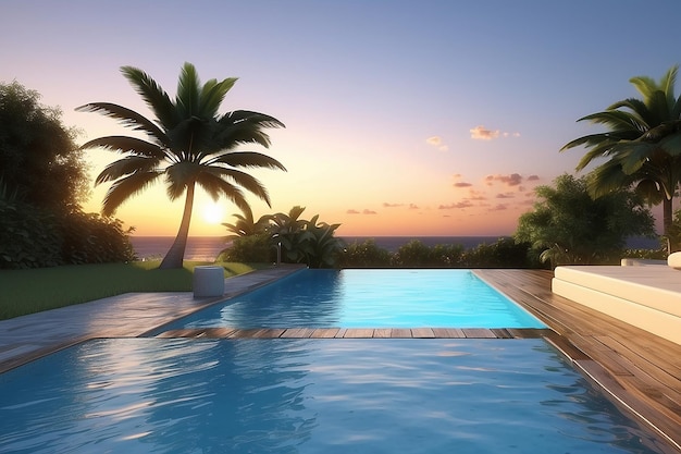 El borde de una piscina al atardecer Rendering 3D