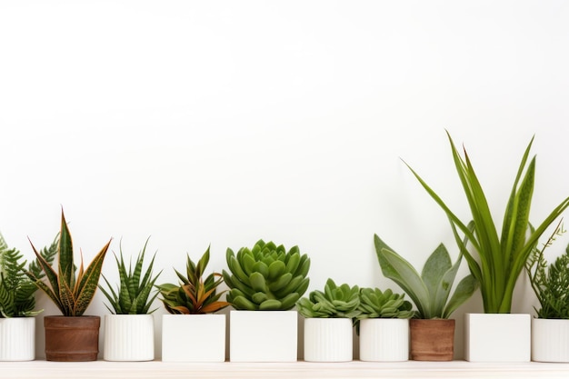 Foto borde de plantas de interior en fondo blanco de madera