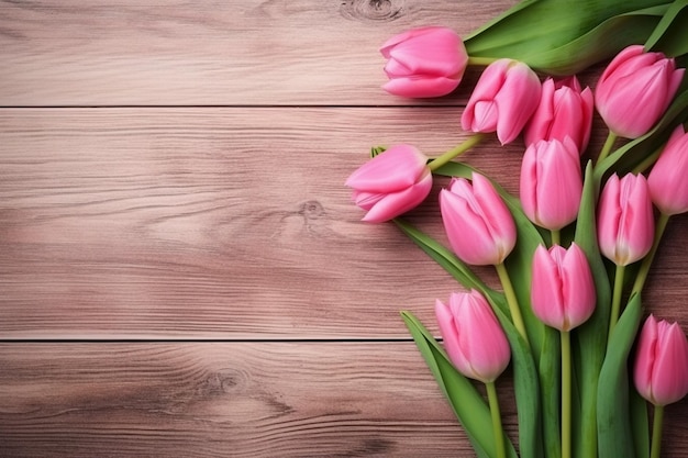 Borde de tulipán con espacio de copia Hermosa composición de marco de flores de primavera Ramo de tulipanes rosas