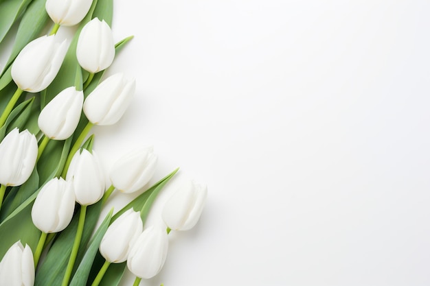 El borde de los tulipanes blancos en un fondo plano blanco con el espacio de copia generado por la IA
