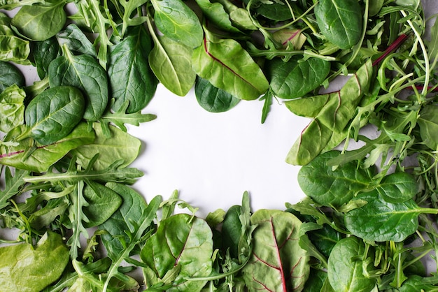 Borde de verduras de hoja: espinaca, remolacha, rúcula, alimentación saludable