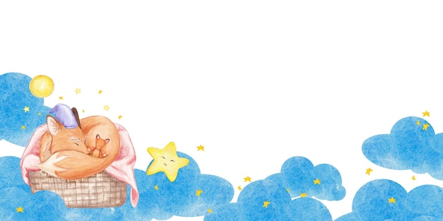 Border aquarela de uma raposa adormecida em uma cesta aconchegante cercada por nuvens azuis estrelas amarelas e lua