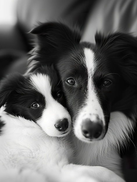 Border Collie adulto y cachorro muy juntos Padre y cachorros comparten un momento tierno en blanco y negro