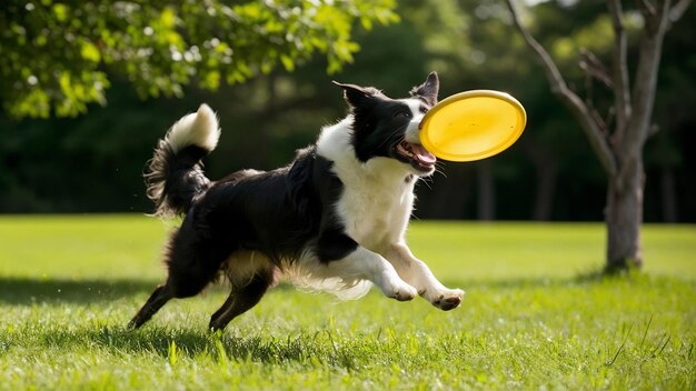 Foto border collie atrapando frisbee en el parque