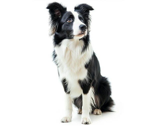 El Border Collie blanco y negro se sienta de guardia.