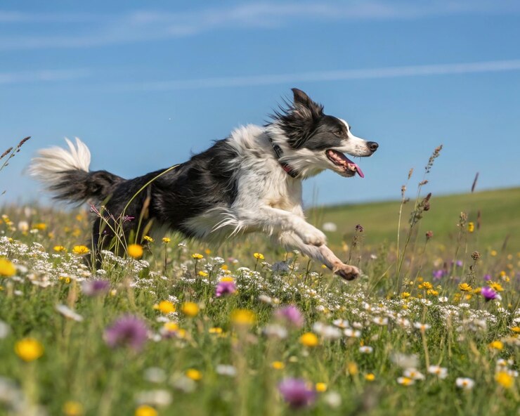 Border Collie corriendo en un campo de flores