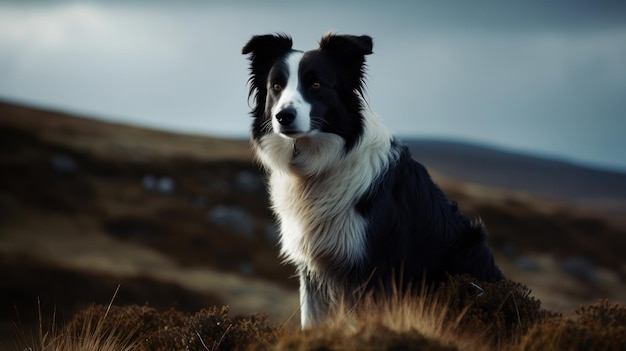 Border Collie de pé contra uma paisagem arrebatadora, sua postura majestosa exalando uma aura cativante