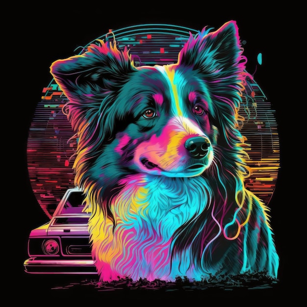 Foto border collie dog 80s synthwave detalhada tshirt arte vetorial com cores vivas generative ai