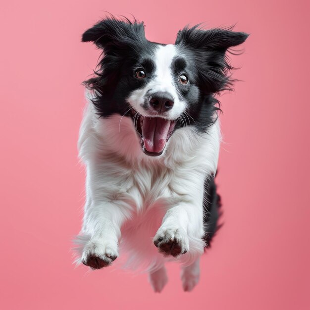 Un Border Collie feliz saltando con un fondo rosado claro