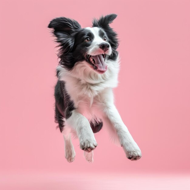 Un Border Collie feliz saltando con un fondo rosado claro