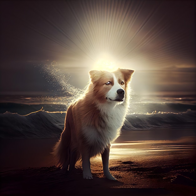 Border Collie Hund am Strand bei Sonnenuntergang Collie ist eine Hunderasse der walisischen Corgi-Rasse