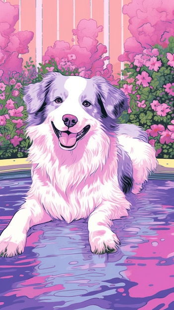 Border Collie-Hund in einer pinkfarbenen Gartenillustration