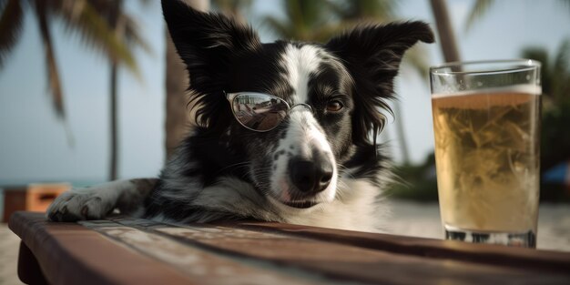 Border Collie Hund ist im Sommerurlaub im Badeort und entspannt sich am Sommerstrand von Hawaii