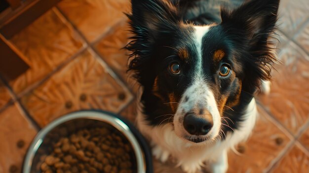 un border collie mirando hacia arriba esperando para comer su comida