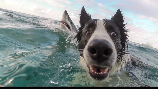 Border Collie nadando con la boca abierta