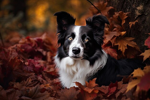 Border collie nas folhas de outono Temporada de outono