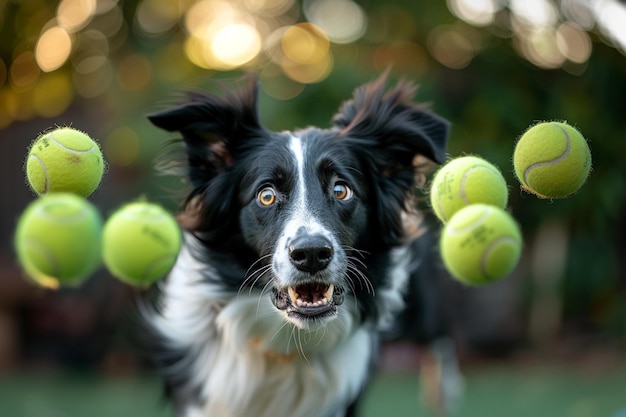 Un border collie pastoreando un grupo de tenis generativo que salta