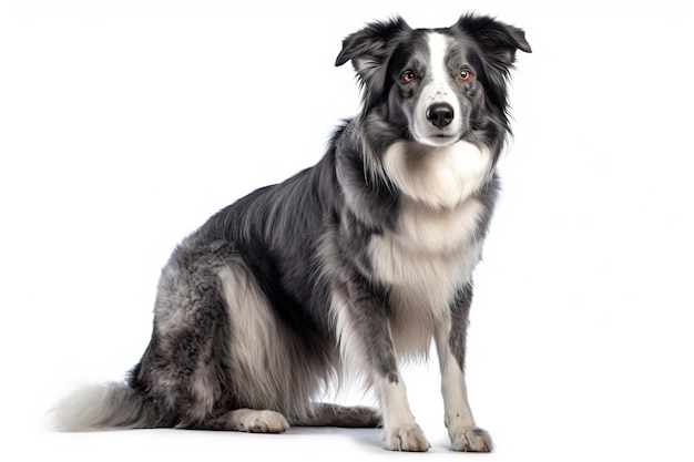 Foto border collie preto e branco sentado isolado em fundo branco gerado por ia