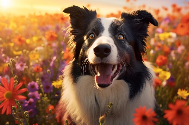 El Border Collie sonriente rodeado por un campo de Generative ai