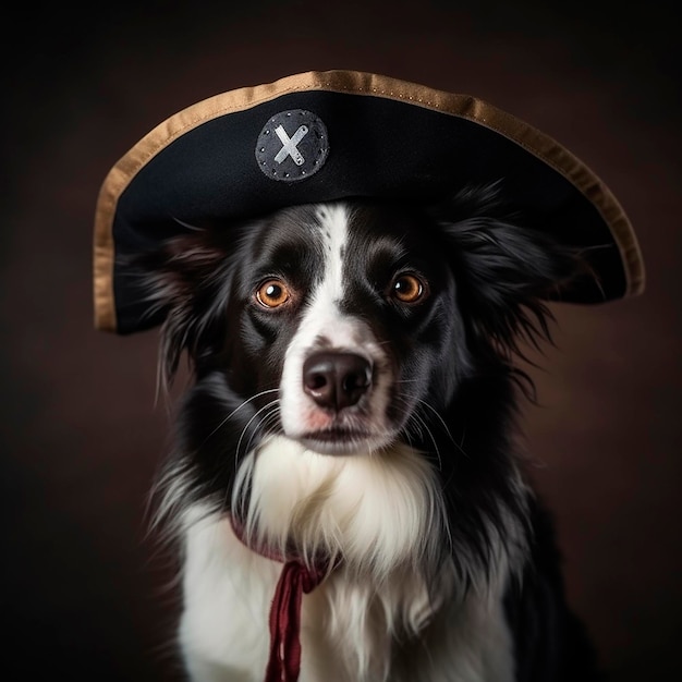 Border Collie trägt einen antiken Piratenhut und einen Schraubenschuh Porträt Nahaufnahme lustiges süßes Haustier