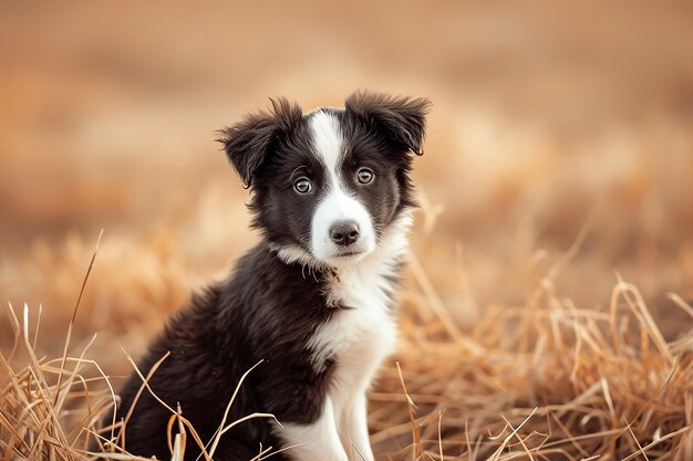 Border-Collie-Welpe auf einem Stoppelfeld