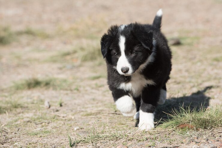 Foto border-collie-welpen-hundeporträt, das sie betrachtet