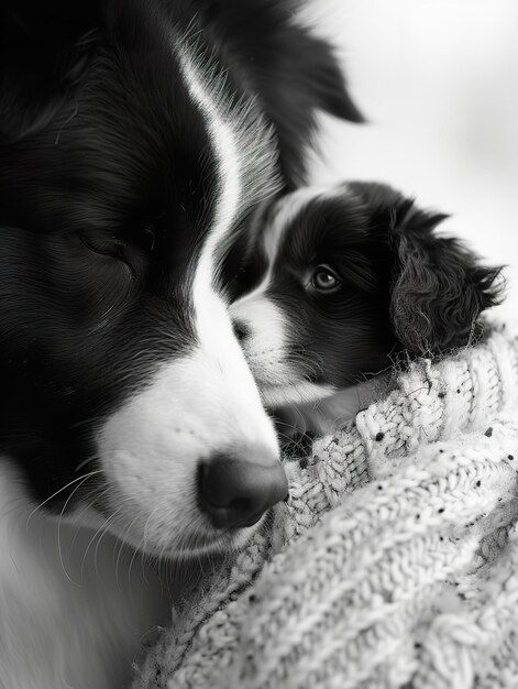 Border Collies blanco y negro abrazando a padres y cachorros Comparten un momento tierno en blanco y negro