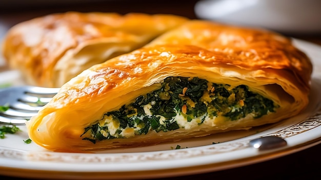 Borek turco un pastel salado lleno de espinaca de queso o carne picada perfectamente horneada hasta color marrón dorado y servido con una cucharada de yogur cremosoAi Generative