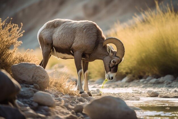 Un borrego cimarrón bebe agua de un arroyo.