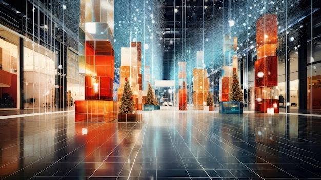 borrões abstratos do interior de um shopping center decorado com enfeites de Natal e luzes brilhantes