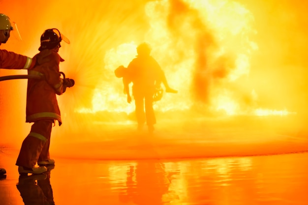 Borrões e silhuetas de bombeiros apagando incêndios e ajudando vítimas.