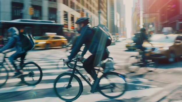 El borrón dinámico captura a los ciclistas urbanos corriendo por las bulliciosas calles de la ciudad en la hora dorada