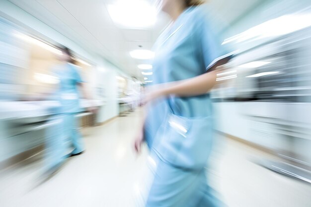 borrón de movimiento de los trabajadores médicos que caminan en el pasillo del hospital fondo abstracto