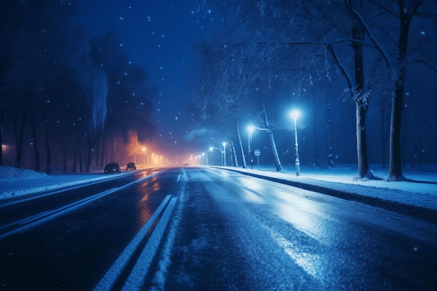 Borrosa nieve limpia carretera noche Generar Ai