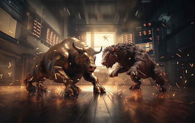 Foto borsa de ações touro e urso lutando no piso de negociação 3d render