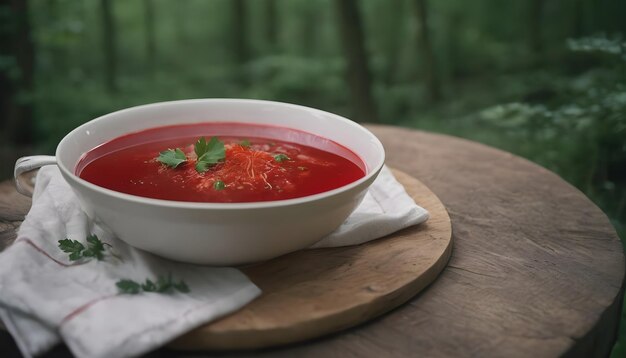 Borsch en la mesa de madera con fondo de bosque de verano