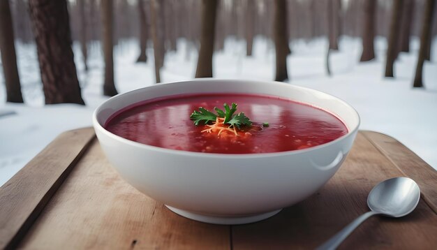 Borsch na mesa de madeira com fundo de floresta de inverno