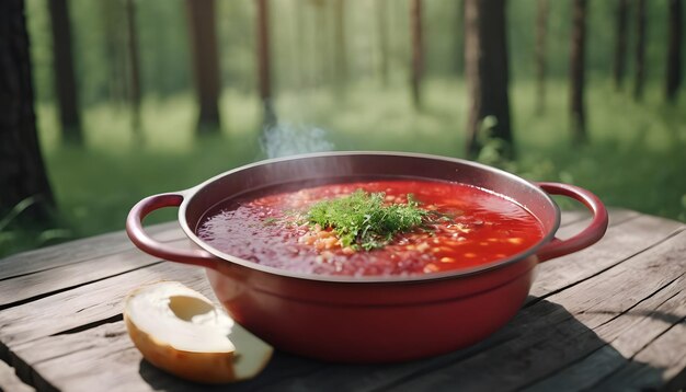 Foto borsch na mesa de madeira fundo floresta de verão